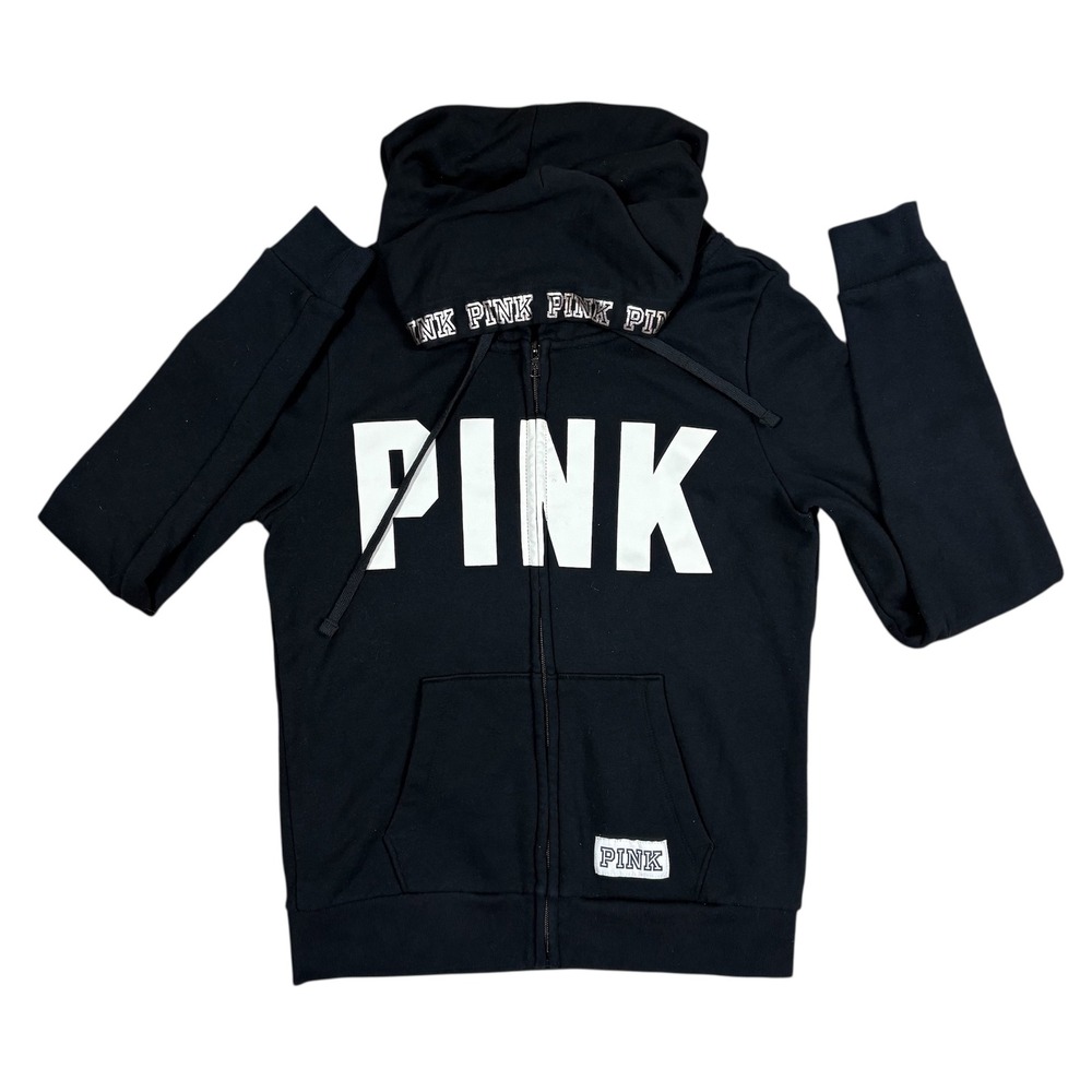 PINK‎ Victoria's Secret Black Zip Up Hoodie Sweatshirt Women's M Logo Print